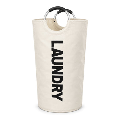 Benvit hopfällbar tvättkorg med svart text LAUNDRY på vit bakgrund