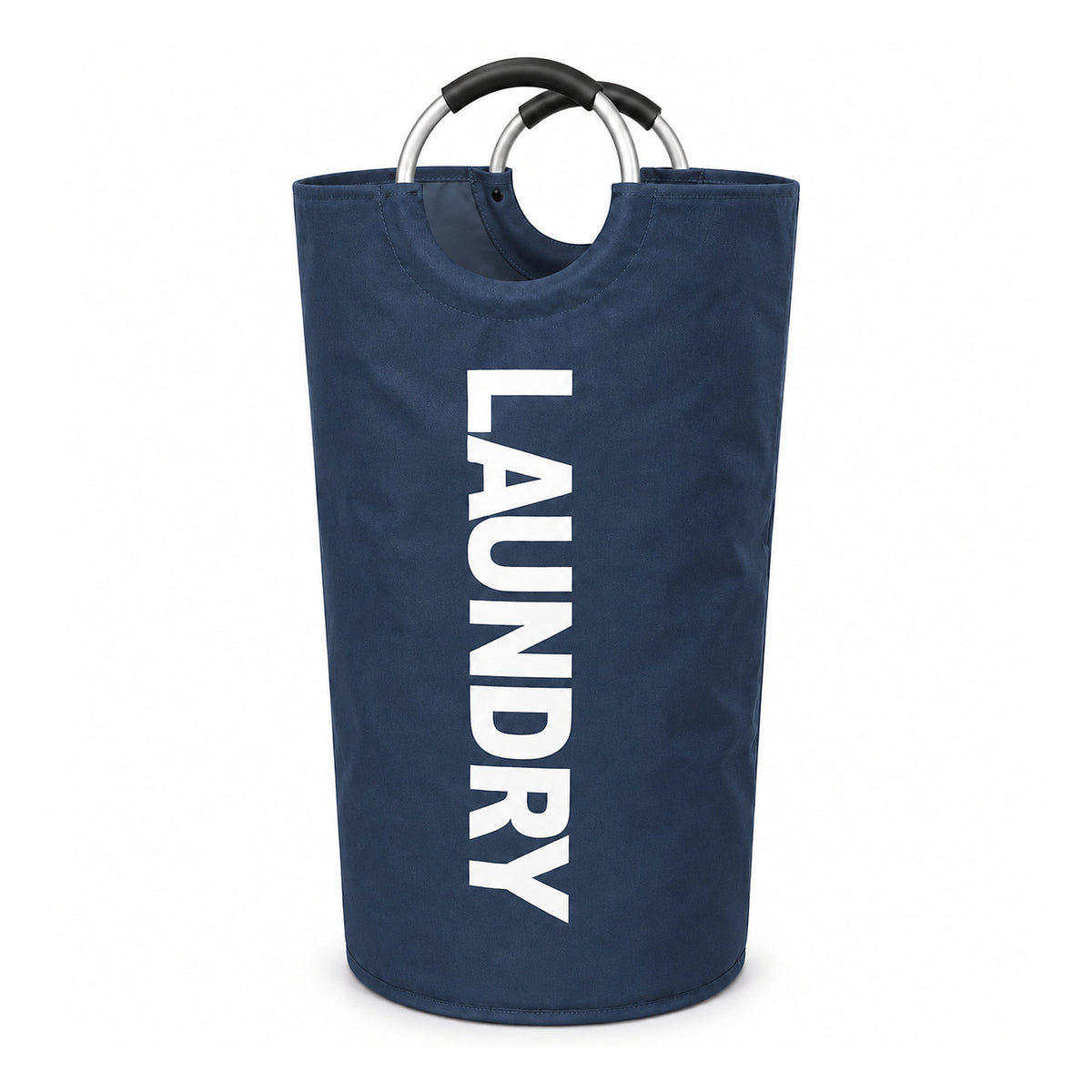 Mörkblå hopfällbar tvättkorg med vit text LAUNDRY på vit bakgrund