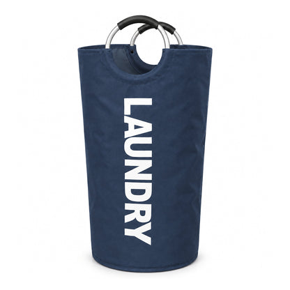 Mörkblå hopfällbar tvättkorg med vit text LAUNDRY på vit bakgrund