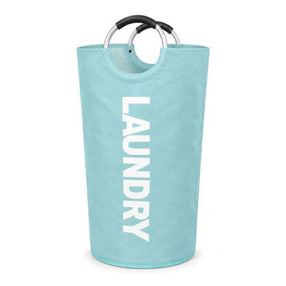 Mint hopfällbar tvättkorg med vit text LAUNDRY på vit bakgrund
