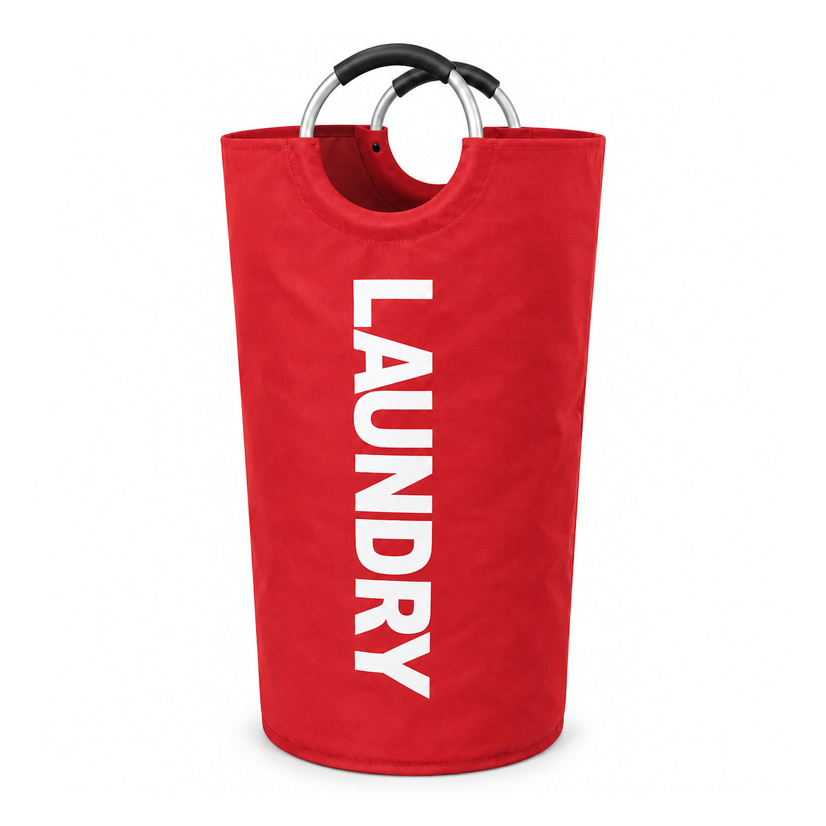 Röd hopfällbar tvättkorg med vit text LAUNDRY på vit bakgrund