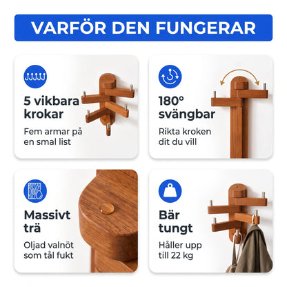 Fem vikbara krokar 180 grader massivt trä bär tungt