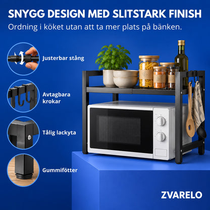 Mikrovågshylla i svart stål med justerbar stång, avtagbara krokar, tålig lackyta och gummifötter