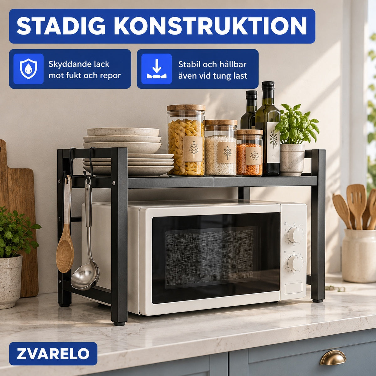 Justerbar mikrovågshylla i stadig konstruktion på en köksbänk, med skyddande lack och hållbar ram även vid tung last