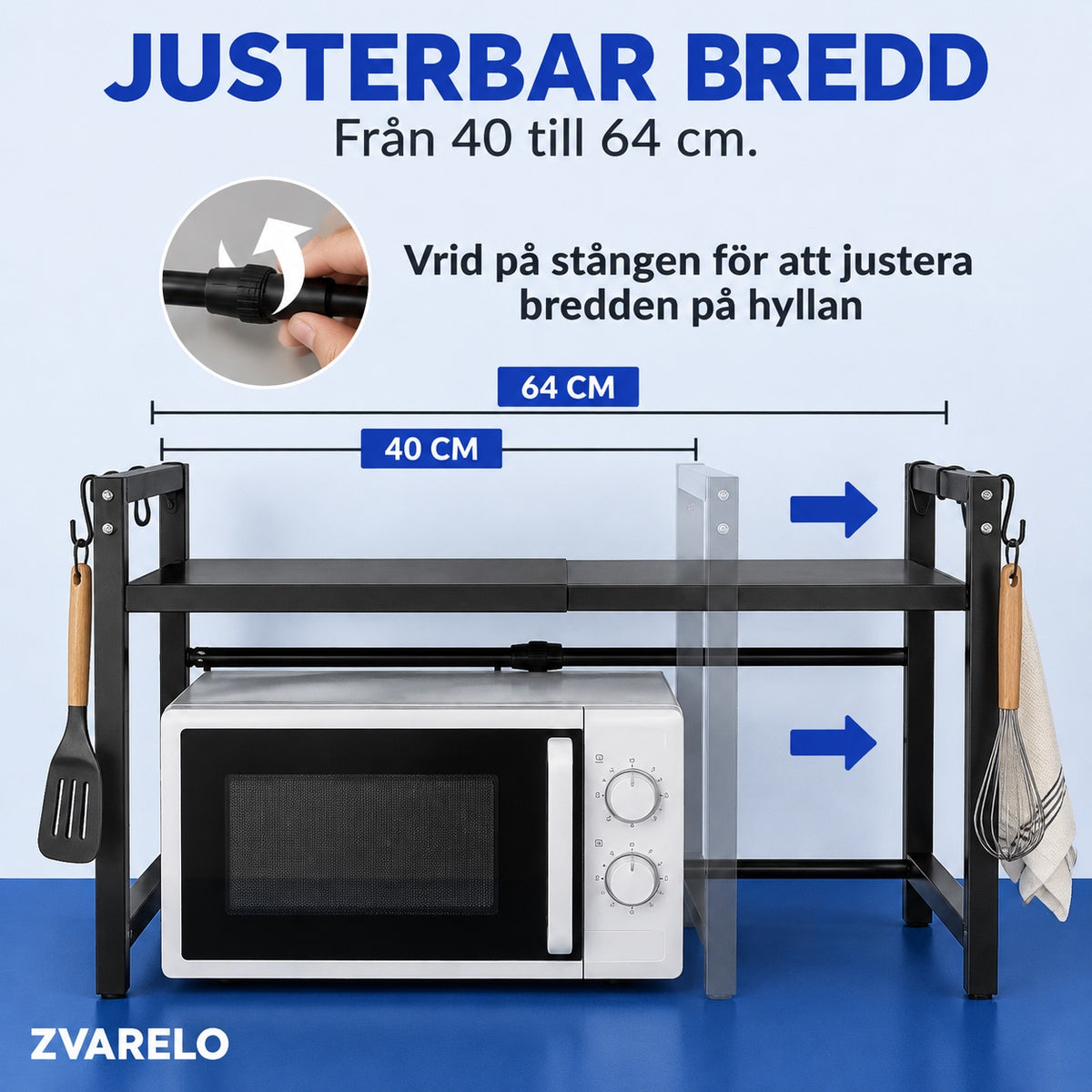 Infografik: mikrovågshyllans bredd justeras från 40 till 64 cm genom att vrida på stången, med måttlinjer för 40 cm och 64 cm