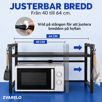 Infografik: mikrovågshyllans bredd justeras från 40 till 64 cm genom att vrida på stången, med måttlinjer för 40 cm och 64 cm