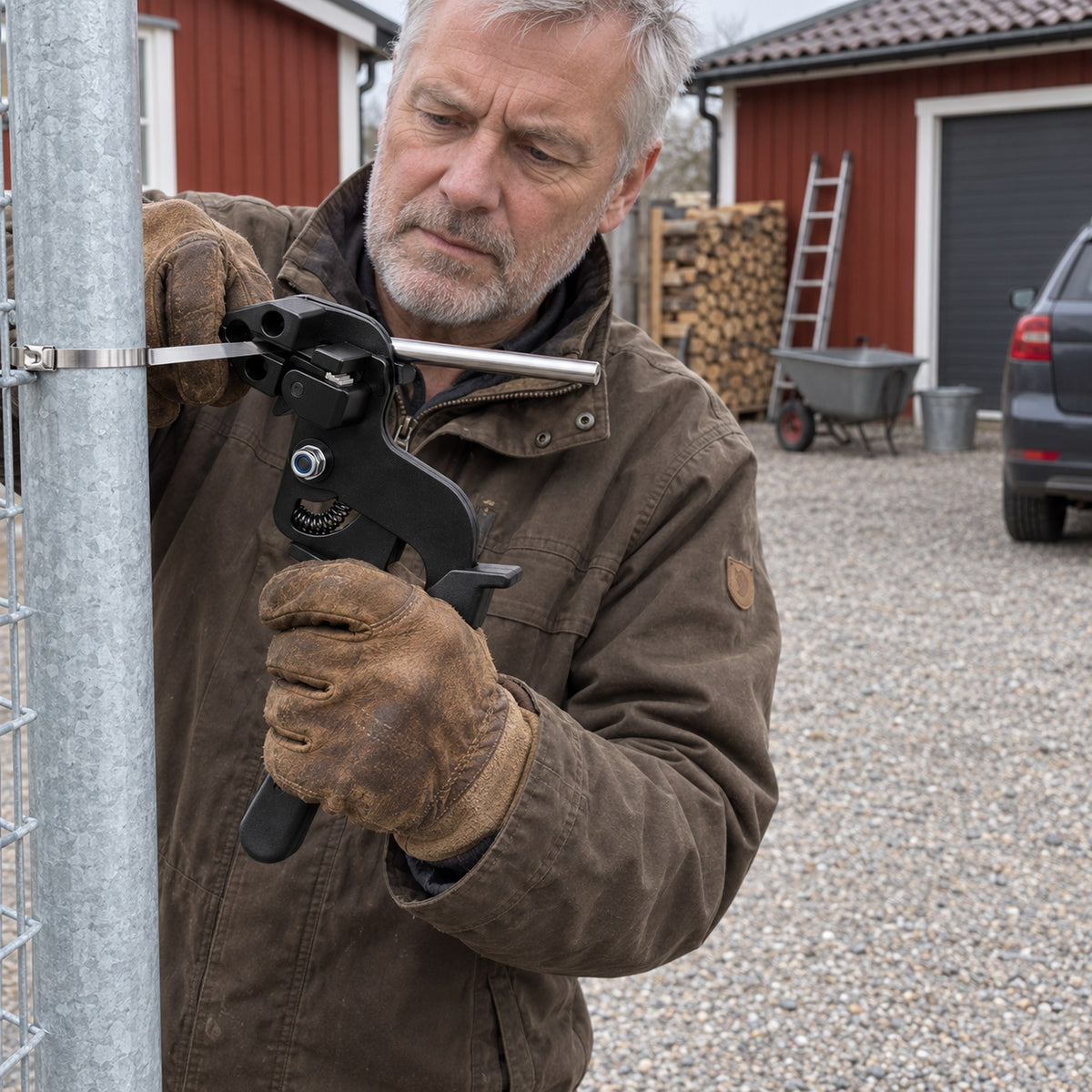 Man i brun arbetsjacka fäster ett rostfritt metallband runt ett rör i ett stängsel med en kabelbandspistol