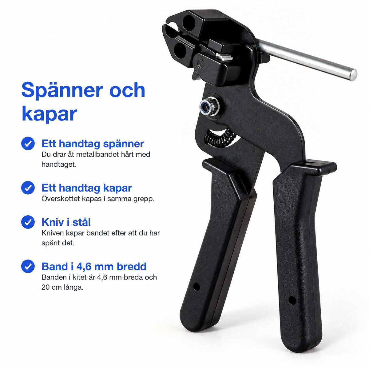 Kabelbandspistol som spänner och kapar, med stålkniv och rostfria band i 4,6 mm bredd