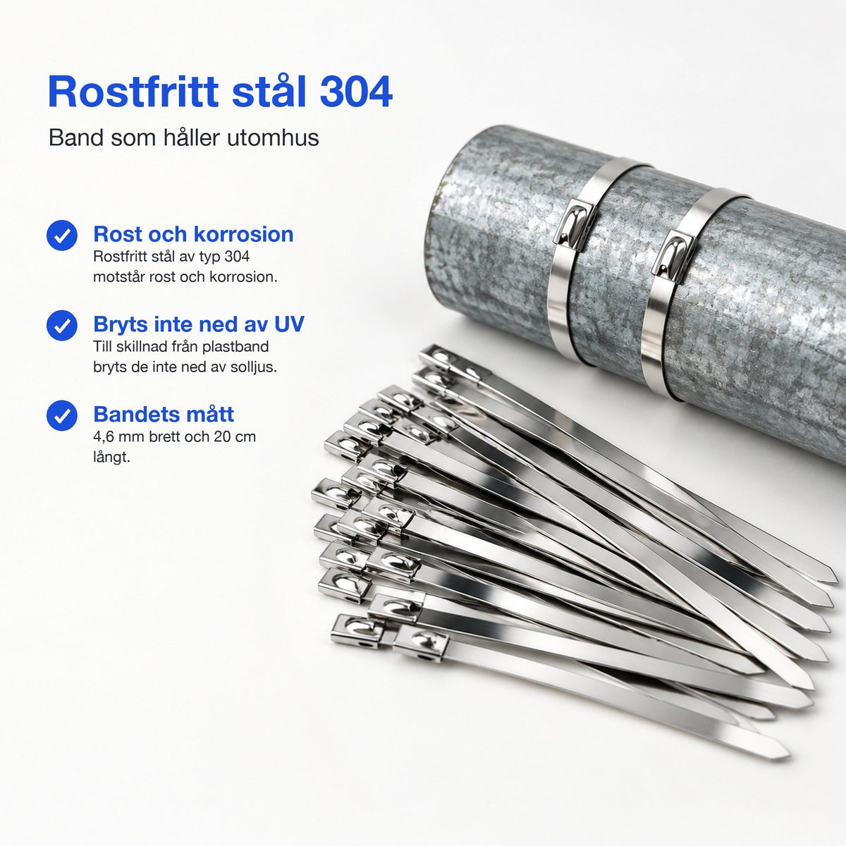 Metallband av rostfritt stål 304 som motstår rost och korrosion och inte bryts ned av UV-ljus
