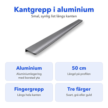 Kantgrepp i aluminium: borstad yta, 50 cm längd, fingergrepp längs hela kanten och tre färger