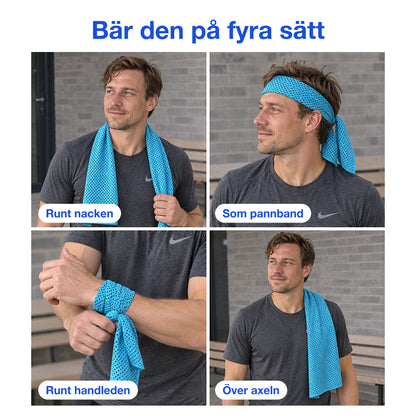 Kylande handduk runt nacken, som pannband, runt handleden och över axeln