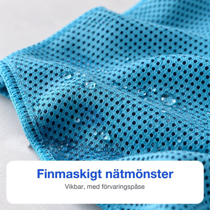 Närbild på handdukens finmaskiga nätmönster med vattendroppar