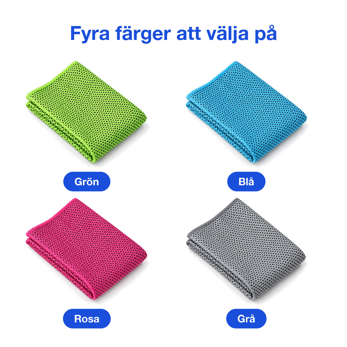 Kylhandduk i fyra färger: grön, blå, rosa och grå