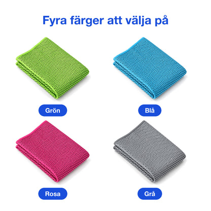 Kylhandduk i fyra färger: grön, blå, rosa och grå