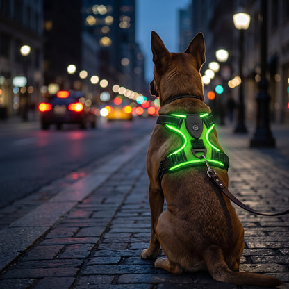 Hund med lysande grön LED-sele pa stadsgata i mörker