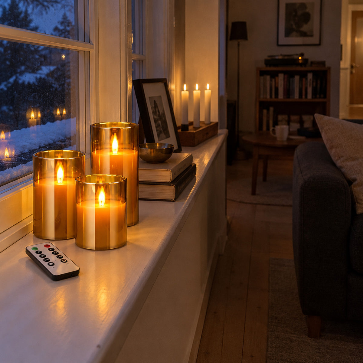 Tre tända flamlösa LED-ljus i amberfärgat glas på en fönsterbräda i ett vardagsrum en mörk adventskväll med fjärrkontrollen bredvid
