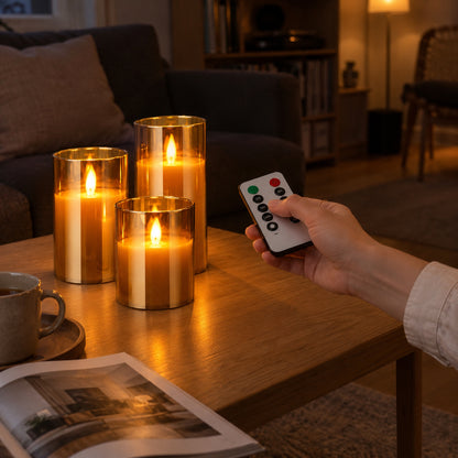 Hand som riktar fjärrkontrollen mot tre tända LED-ljus på ett soffbord