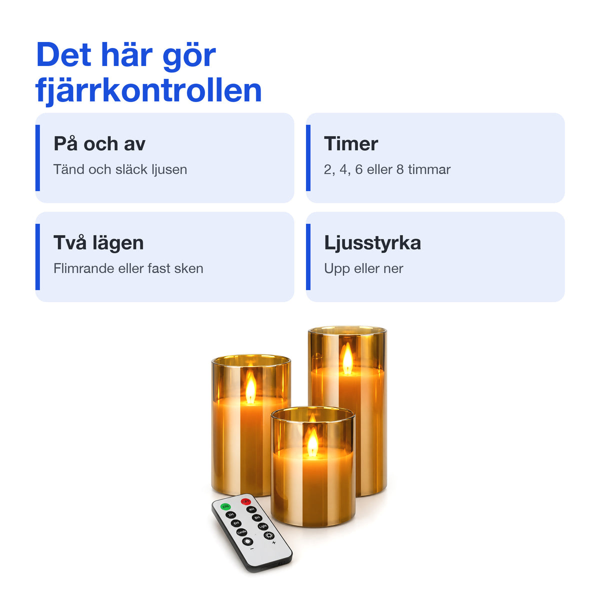 Fjärrkontrollens funktioner: på och av, timer, två lägen och ljusstyrka