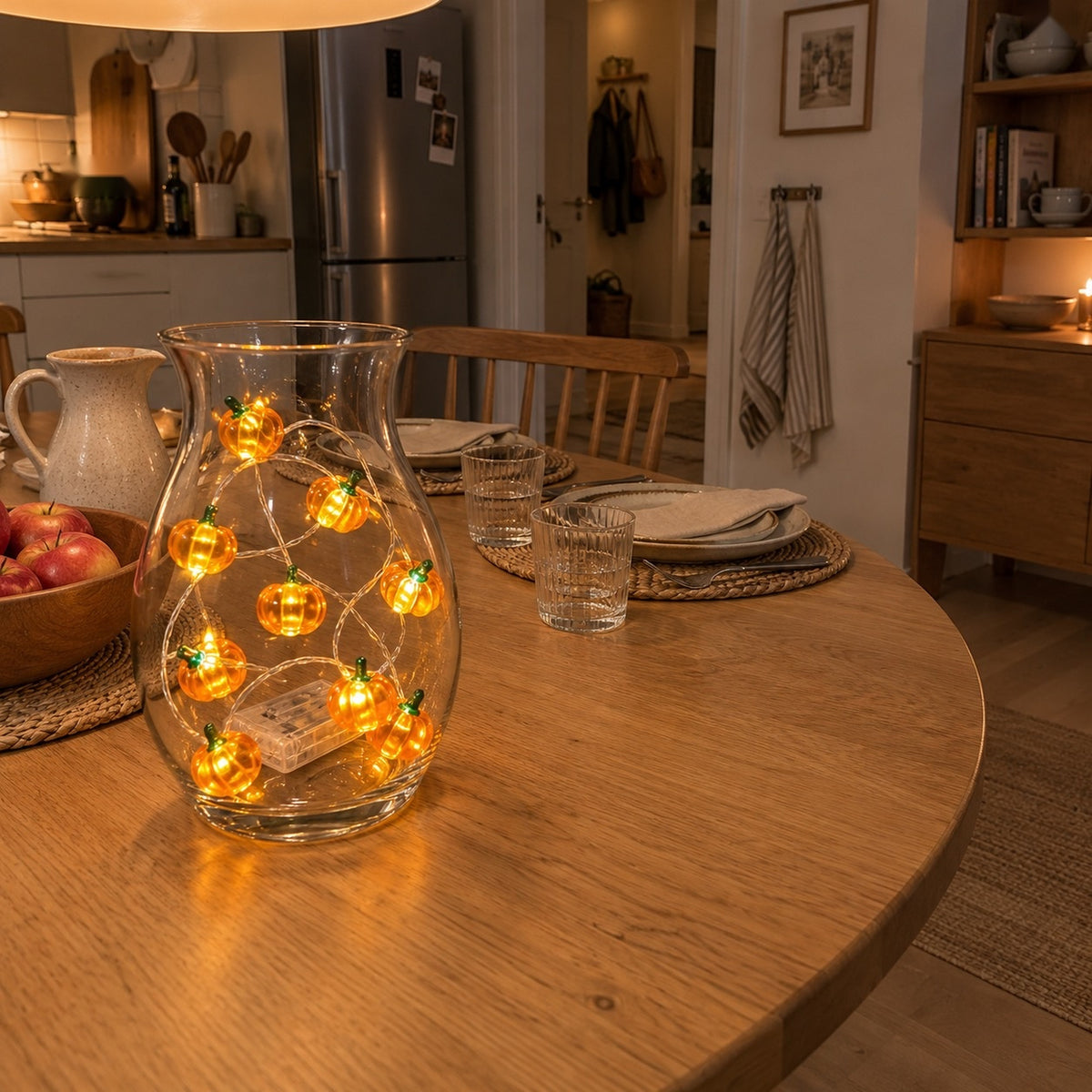 Ljusslinga med pumpor i en glasvas på ett dukat matbord