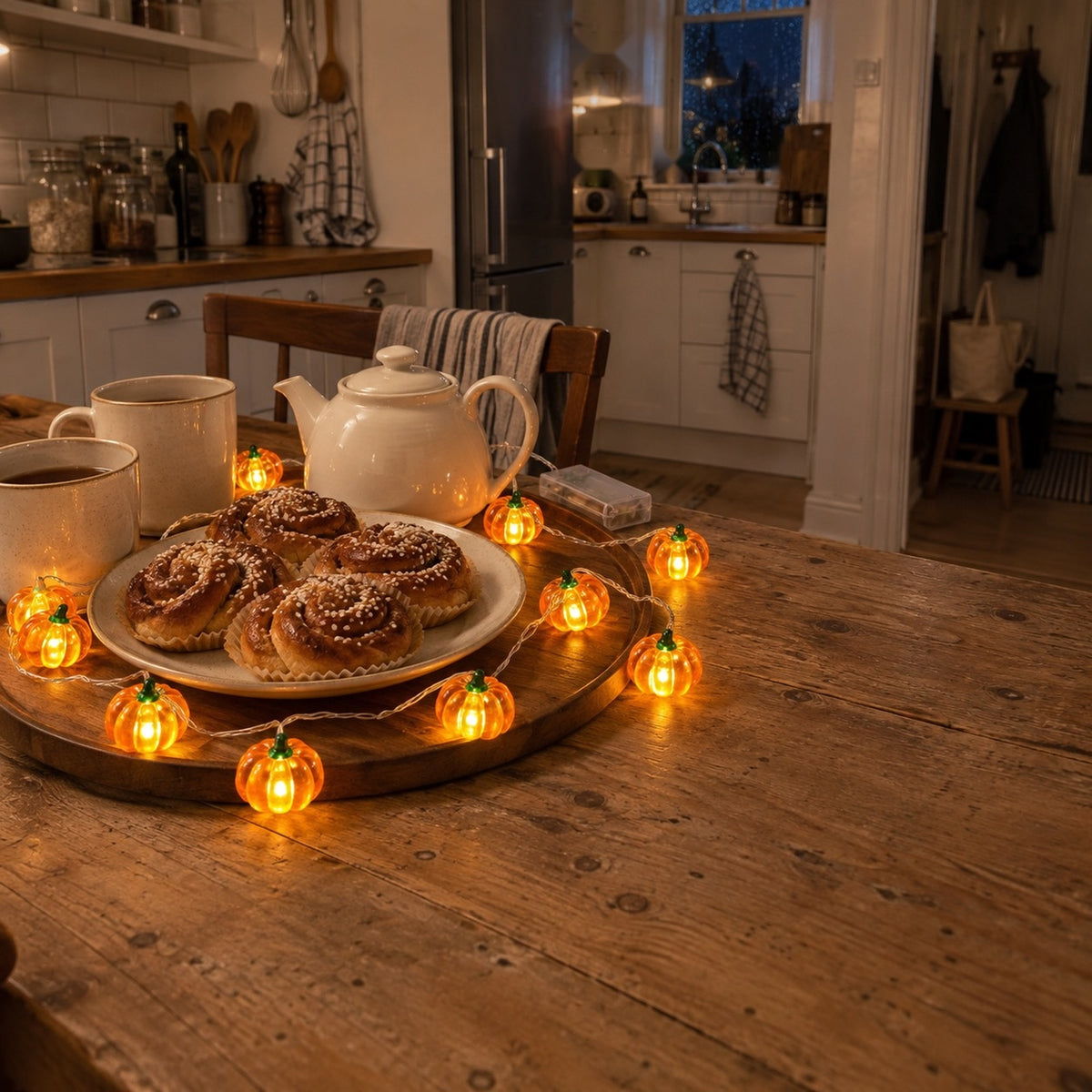 Ljusslinga med pumpor runt en bricka med kanelbullar och tekanna på ett köksbord