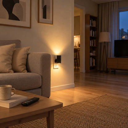 Svart vägglampa med ljussensor i vägguttaget bredvid en soffa en kväll