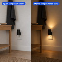 Vägglampan med ljussensor tänds när det blir mörkt, jämförelse mellan dag och natt i en hall