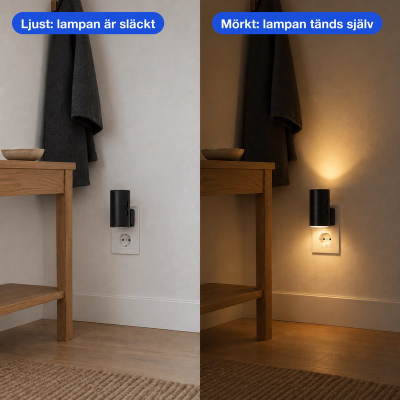 Vägglampan med ljussensor tänds när det blir mörkt, jämförelse mellan dag och natt i en hall