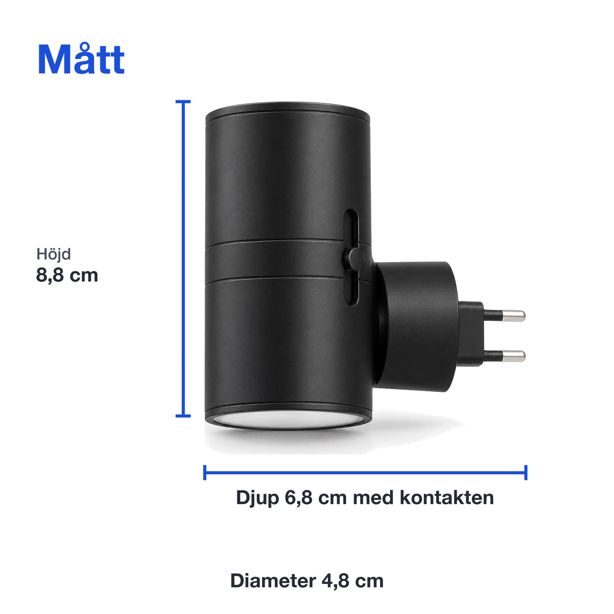 Mått på vägglampan: 8,8 cm hög, 4,8 cm i diameter och 6,8 cm djup med kontakten