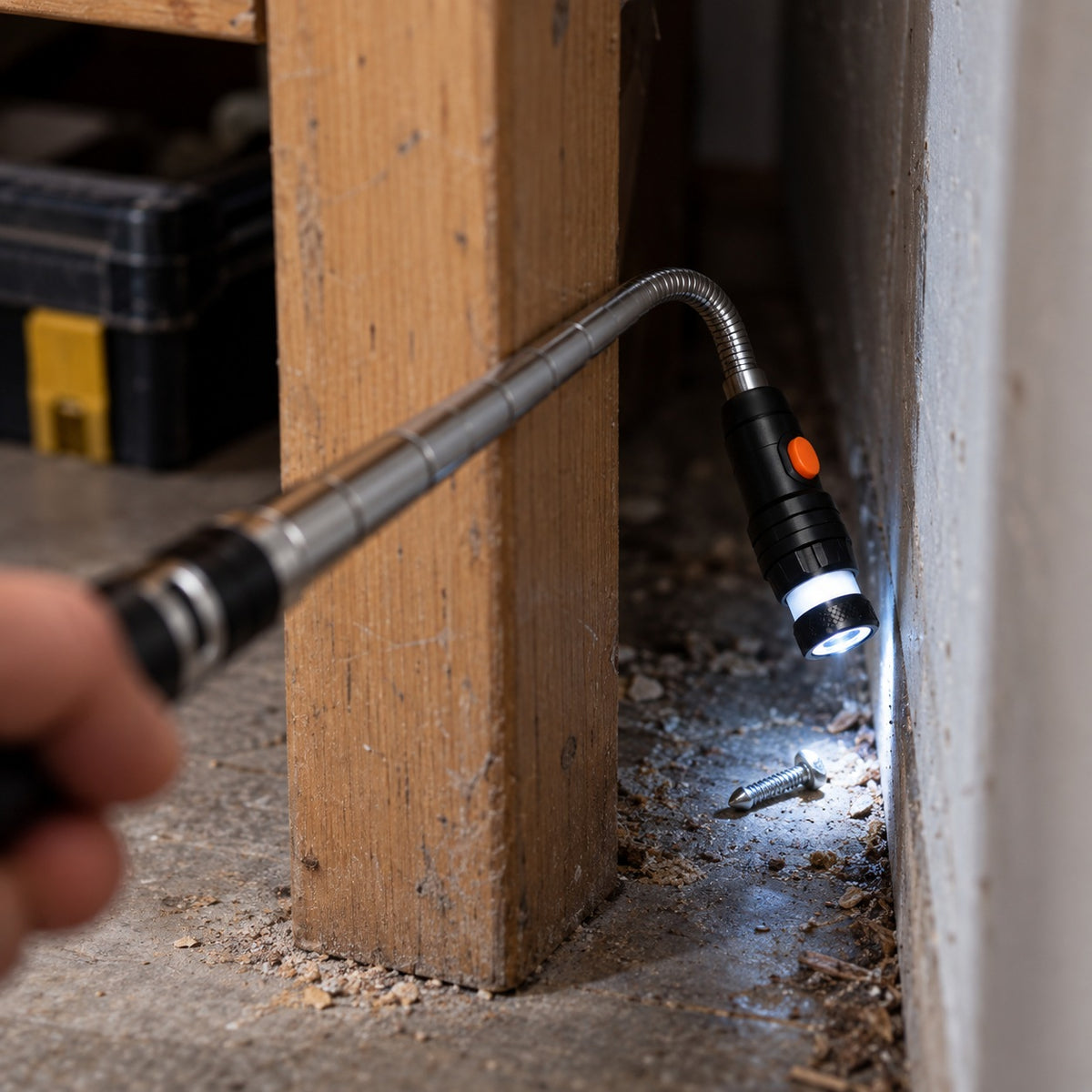 Magnetplockarens spets med tänd LED-lampa förs in i ett trångt, mörkt utrymme mot en tappad skruv
