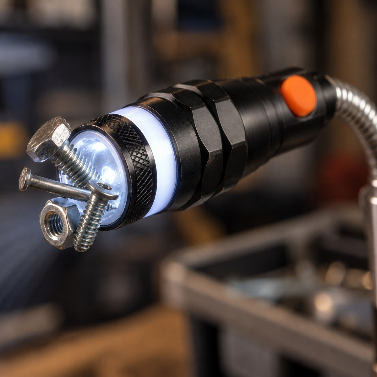 Närbild på magnetplockarens spets med tänd LED-lampa och en skruv, en spik, en bult och en mutter som sitter fast på magneten