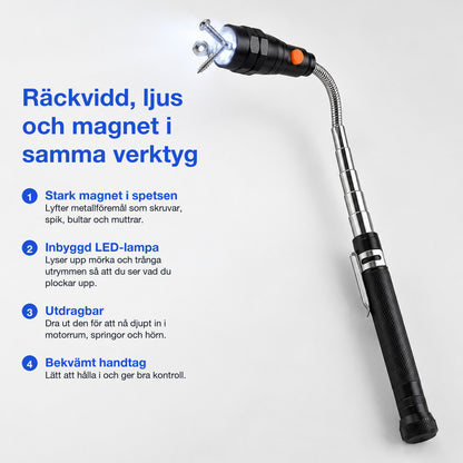 Infografik: utdragbar magnetplockare med stark magnet i spetsen, inbyggd LED-lampa och bekvämt handtag