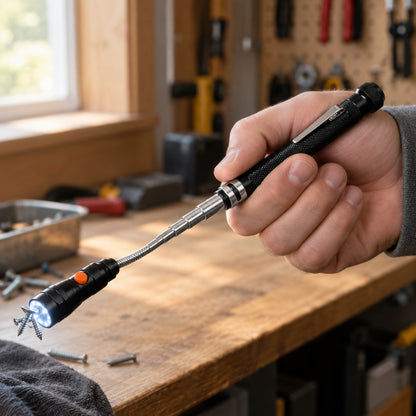 Hand som håller magnetplockarens handtag med den utdragna stammen framför sig