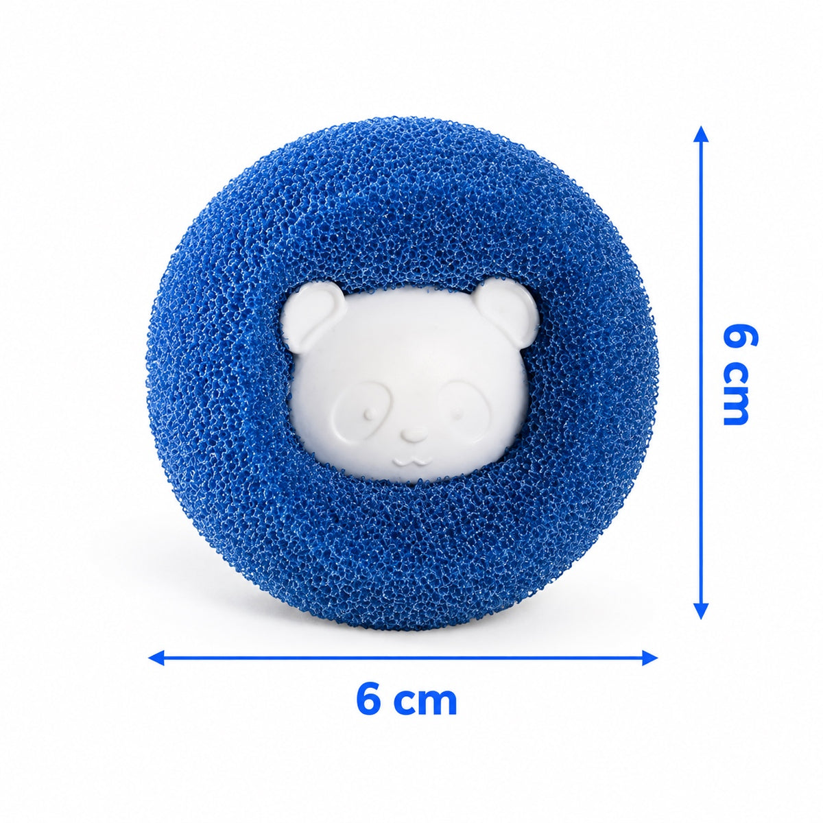Blå rund tvättboll med vit björnkärna, måttangivelse 6 cm i höjd och bredd