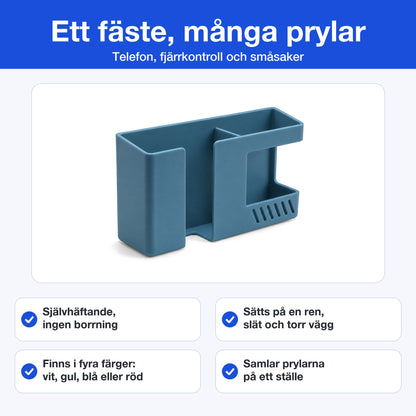 Fakta om väggfästet: självhäftande utan borrning, sätts på en ren, slät och torr vägg, finns i fyra färger