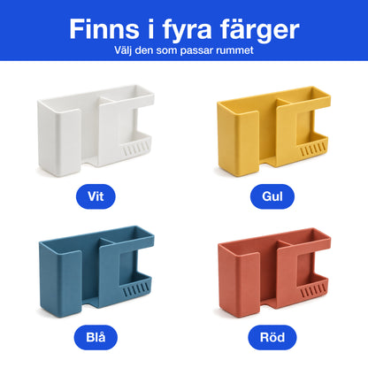 Multiväggfästet finns i fyra färger: vit, gul, blå och röd