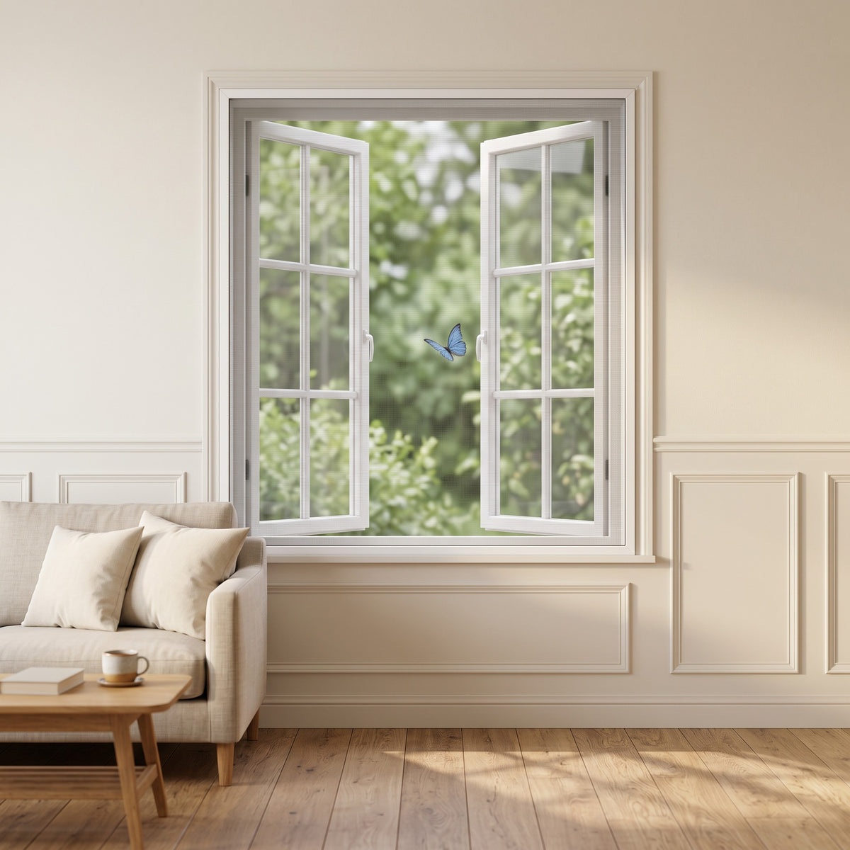 Myggnät fönster monterat i vardagsrum, öppet fönster utan mygg
