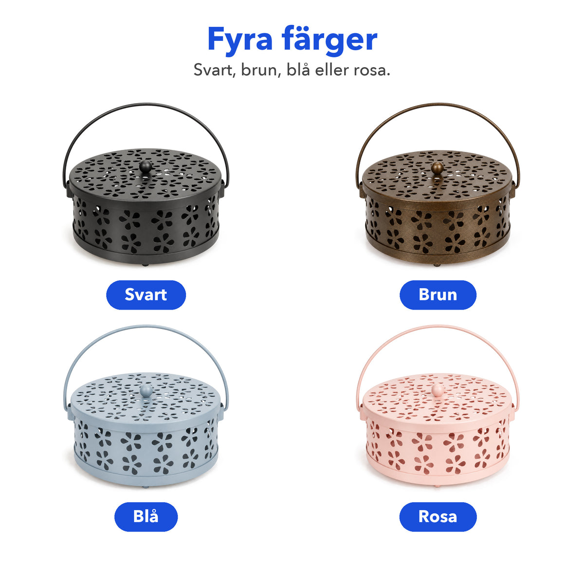 Myggspiralhållaren i fyra färger: svart, brun, blå och rosa