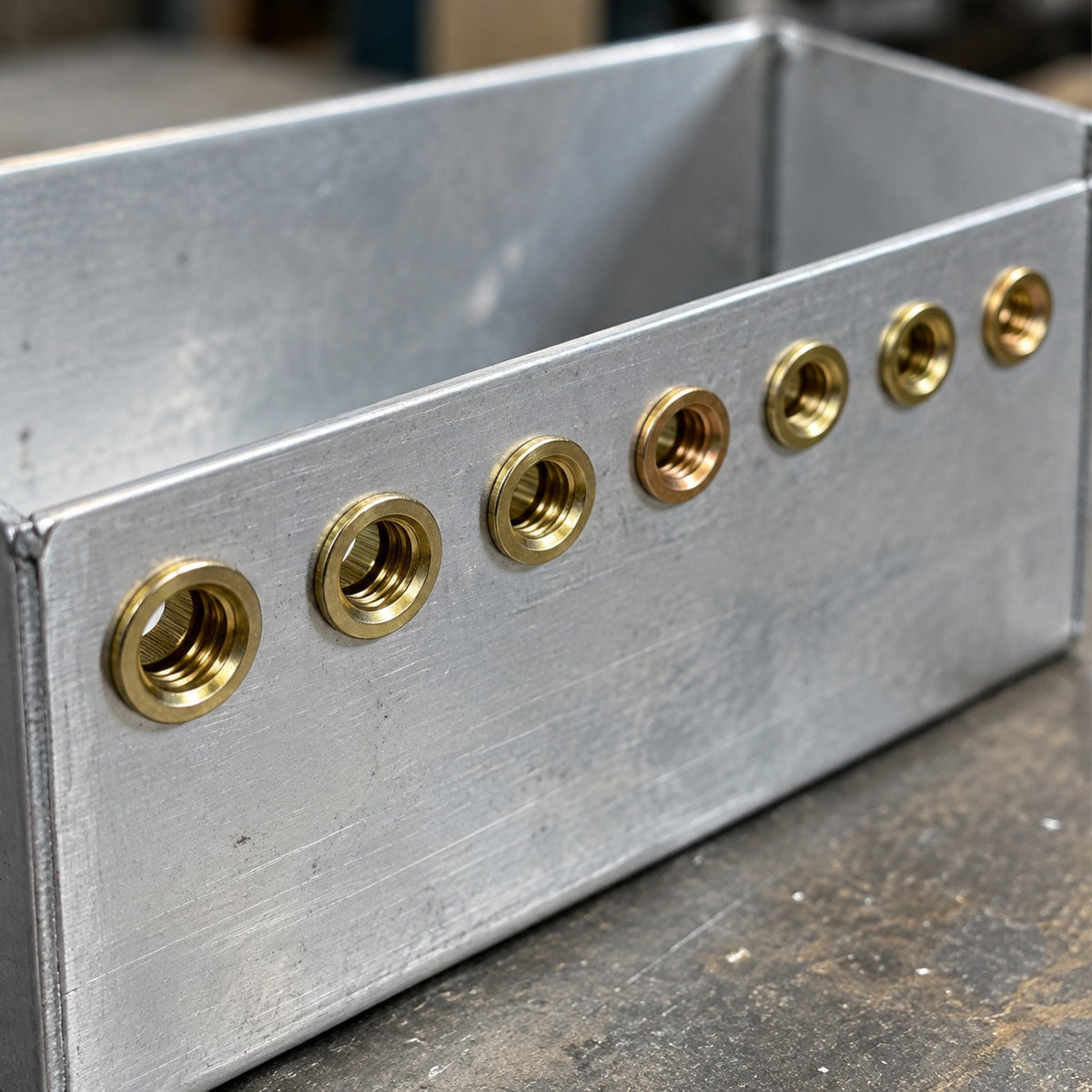 Rad med sju nitmuttrar isatta i väggen på en aluminiumlåda