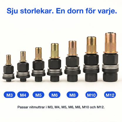 Sju dornar med nitmuttrar i storlekarna M3, M4, M5, M6, M8, M10 och M12
