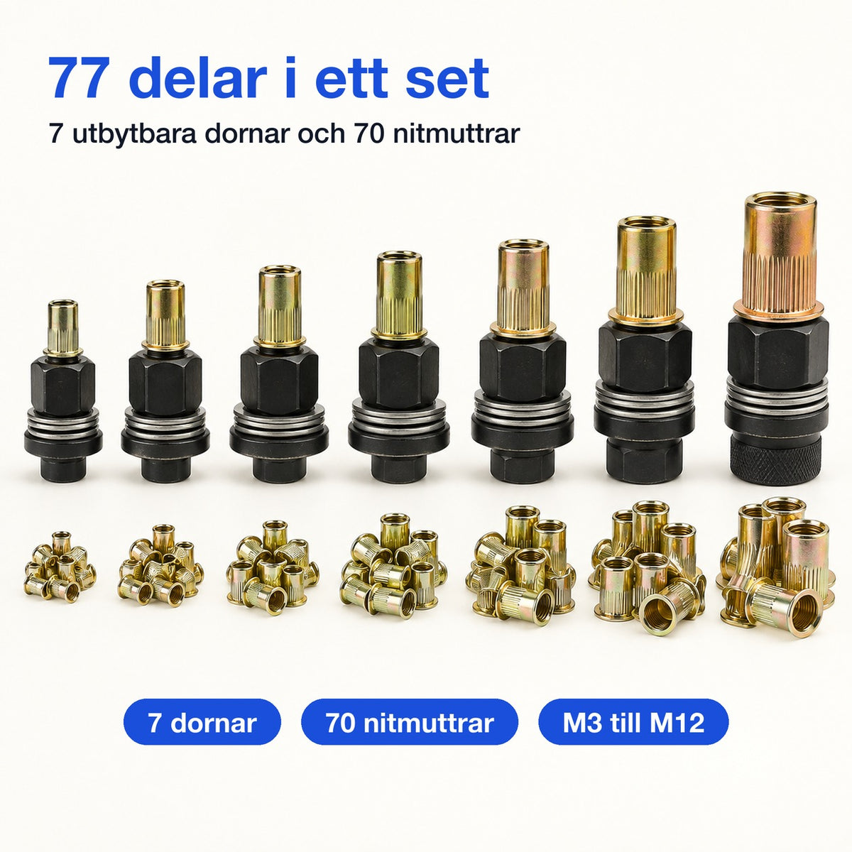 77 delar i ett set: 7 utbytbara dornar och 70 nitmuttrar i storlekarna M3 till M12