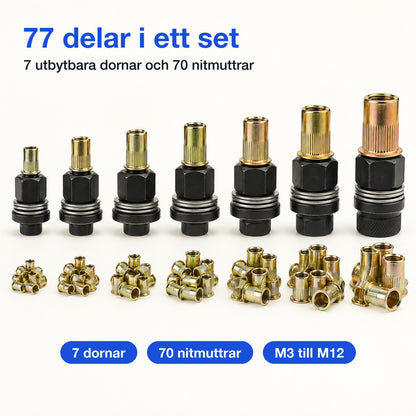 77 delar i ett set: 7 utbytbara dornar och 70 nitmuttrar i storlekarna M3 till M12