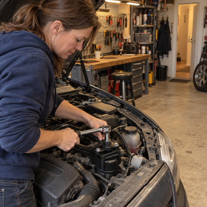 Kvinna lossar ett oljefilter i motorrummet med en justerbar svart oljefilternyckel och ett spärrskaft i ett hemgarage