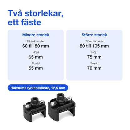Mått för de två storlekarna 60 till 80 mm och 80 till 105 mm samt halvtums fyrkantsfäste