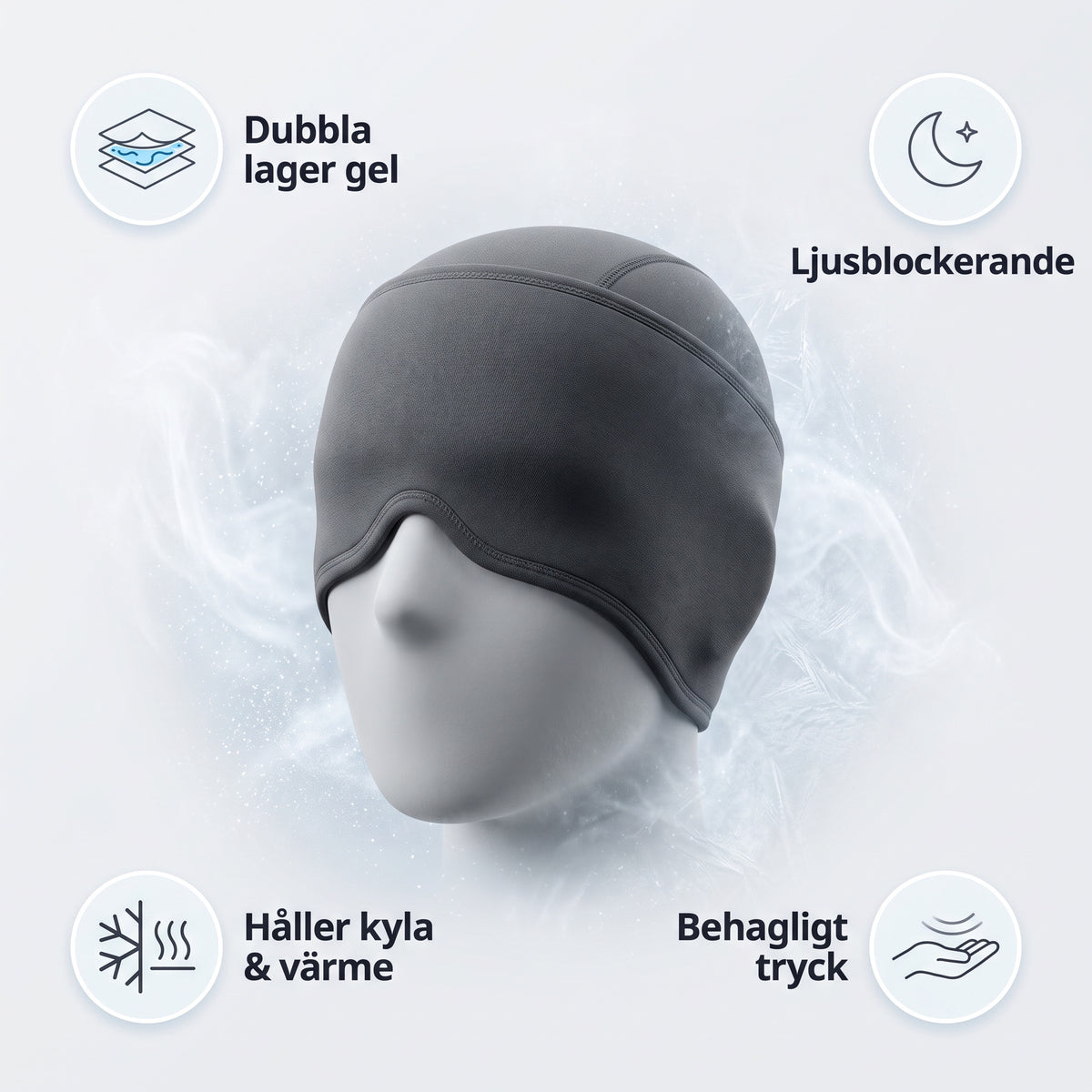 Dubbla lager gel, ljusblockerande, håller kyla och värme, behagligt tryck