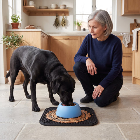 Hund äter ur den långsamma matskålen på slickmattan i köket