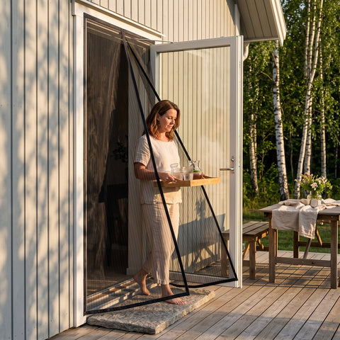 Kvinna går ut på altanen genom det magnetiska myggnätet med en bricka i händerna