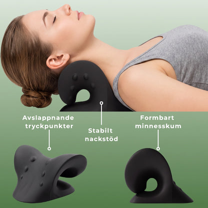 Avslappnande tryckpunkter, stabilt nackstöd och formbart minnesskum
