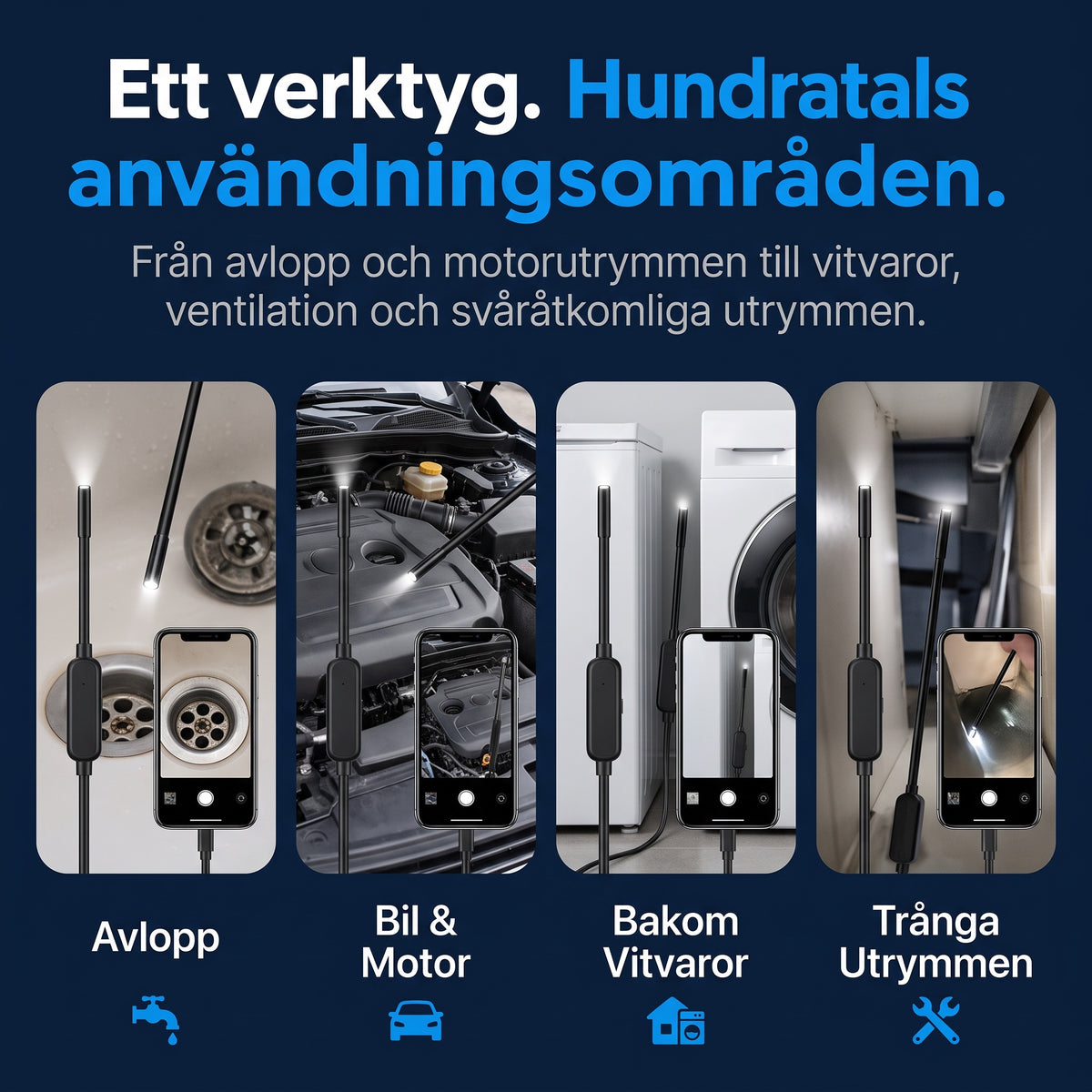 Användningsområden: avlopp, bil och motor, bakom vitvaror och trånga utrymmen