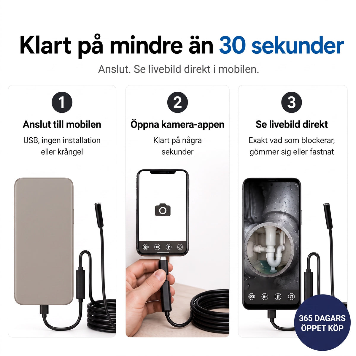 Tre steg – klart på mindre än 30 sekunder, med 365 dagars öppet köp