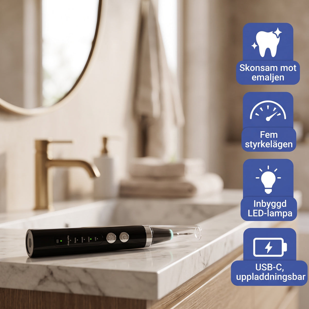 Skonsam mot emaljen, fem styrkelägen, inbyggd LED och USB-C
